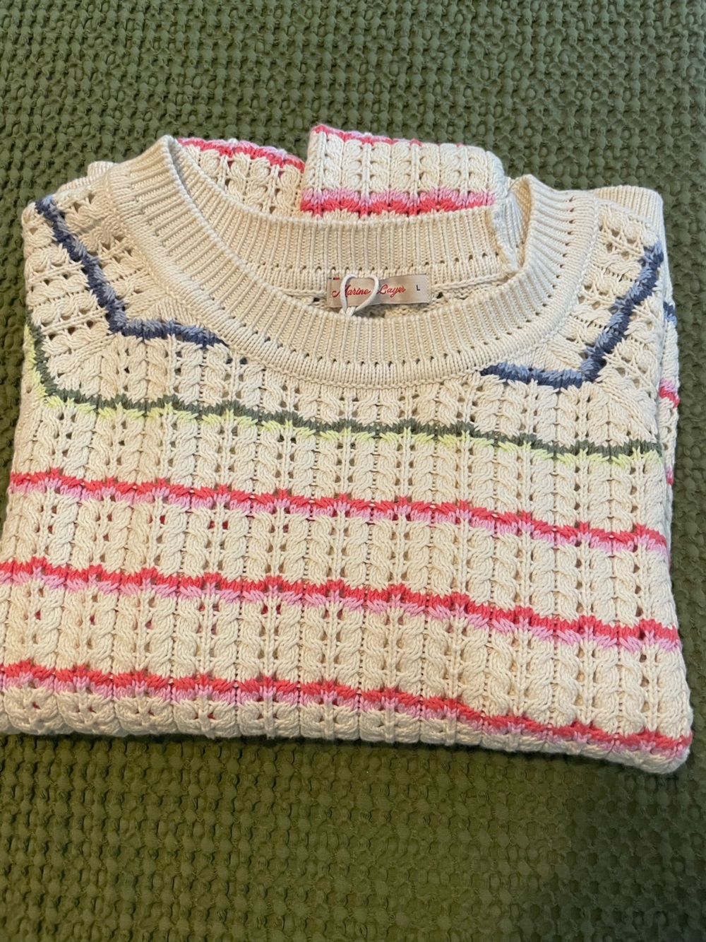 NWT Marine Layer Cream Sweater with Blue, Pink & Lime Accent Stripes